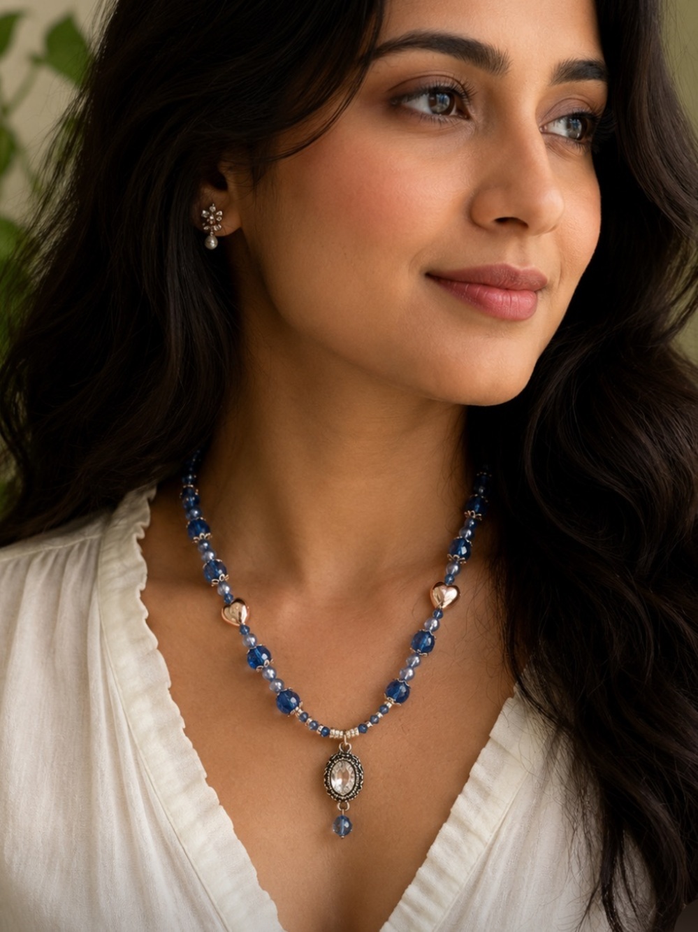 Blue Beaded Heart Accents Necklace - Women Jewelry